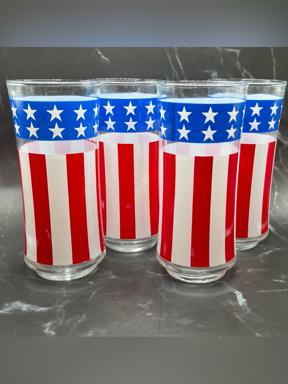 Libby Patriotic Red White & Blue Tall Drinking Glasses - Set of 4 Vintage